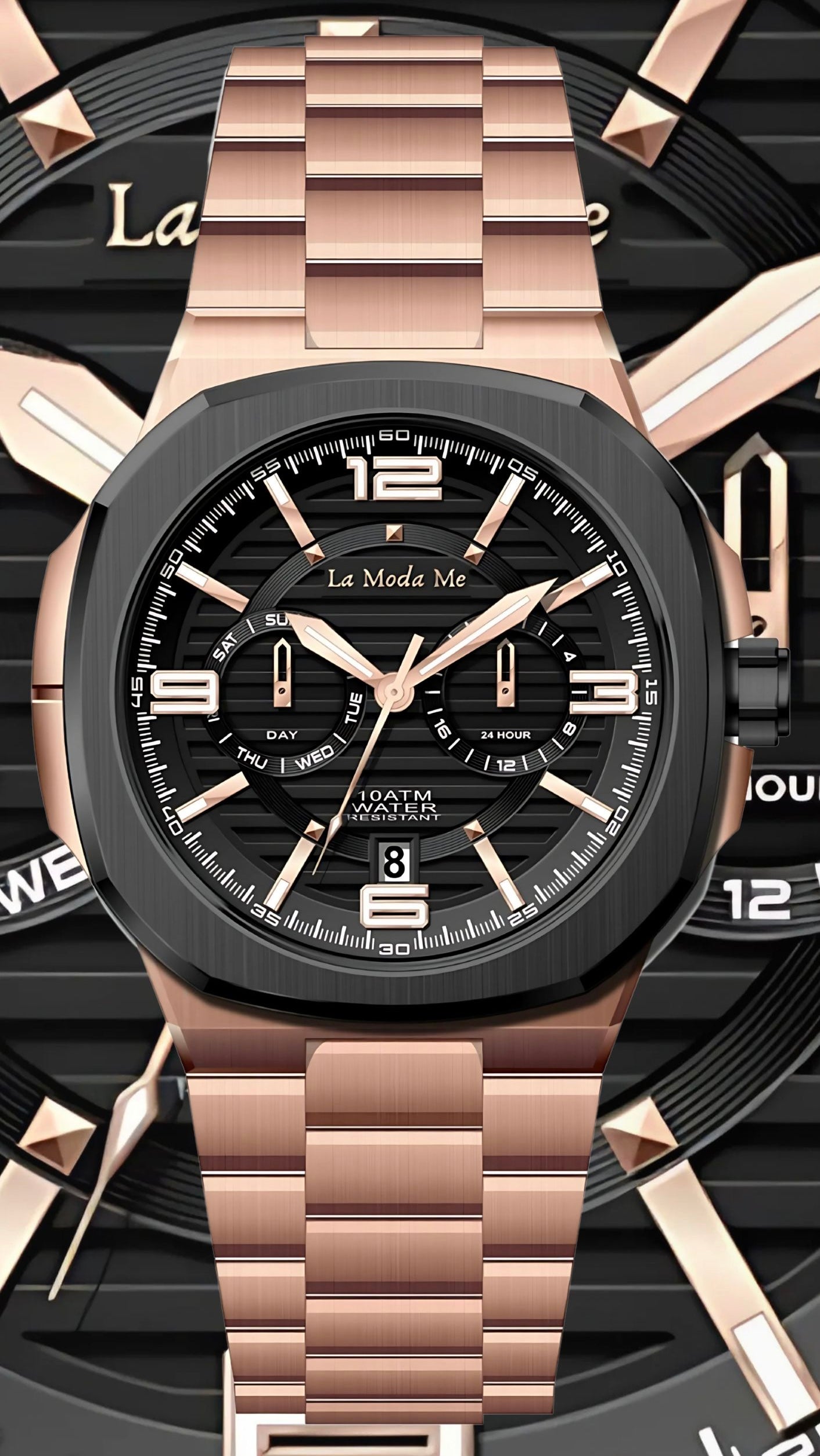 The La Moda Me Chronograph – Rose Gold Edition showcases bold sophistication with refined craftsmanship. This premium stainless steel timepiece is designed for the modern tastemaker who values statement design and mechanical precision.
The La Moda Me Chronograph is ideal for those who lead with confidence and appreciate high-end aesthetics. With its rose gold finish and detailed dial design, this timepiece delivers luxury, durability, and everyday performance.