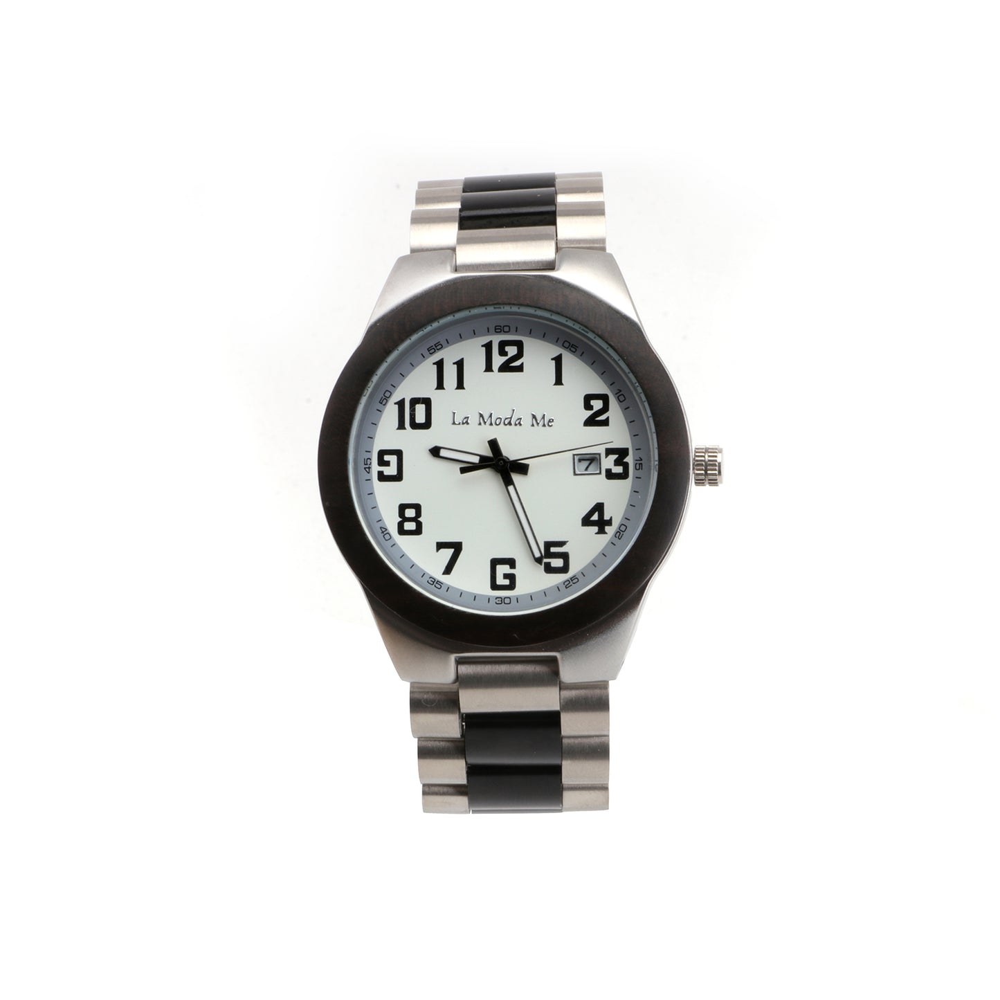 Wristwatch with a white dial featuring bold black numerals, silver casing, and a two-tone black and silver metal link strap. The dial displays the “La Moda Me” logo.