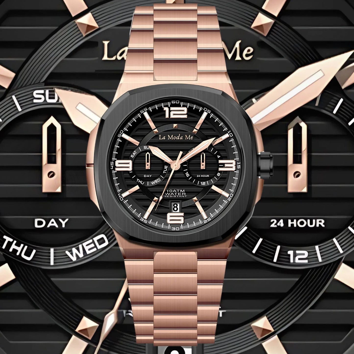 The La Moda Me Chronograph – Rose Gold Edition showcases bold sophistication with refined craftsmanship. 