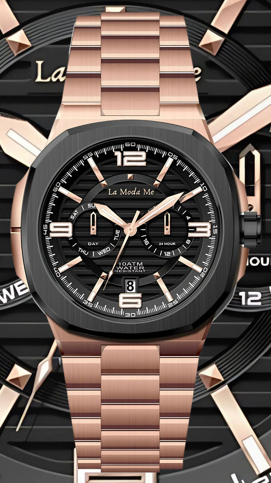 The La Moda Me Chronograph – Rose Gold Edition showcases bold sophistication with refined craftsmanship. This premium stainless steel timepiece is designed for the modern tastemaker who values statement design and mechanical precision.

The La Moda Me Chronograph is ideal for those who lead with confidence and appreciate high-end aesthetics. With its rose gold finish and detailed dial design, this timepiece delivers luxury, durability, and everyday performance.