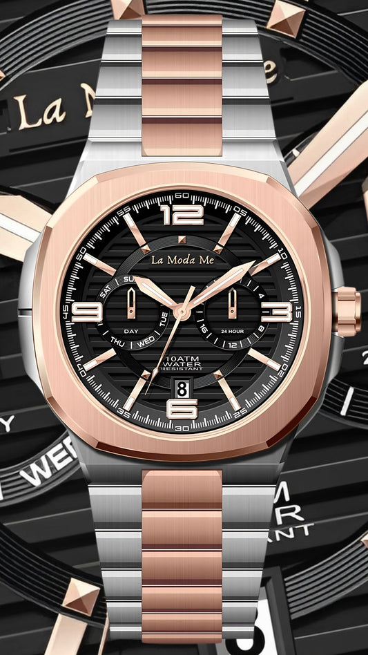 La Moda Me Chronograph – Two-Tone Edition

Precision, prestige, and standout design.
The La Moda Me Chronograph returns in a bold new colorway that balances refined luxury with modern versatility. Featuring a sleek two-tone bracelet in rose gold and brushed silver stainless steel, this edition offers a distinctive visual contrast — elegant enough for formal wear, strong enough for everyday style.

Created for those who move with purpose and taste, this timepiece is a symbol of elevated identity and mechanic