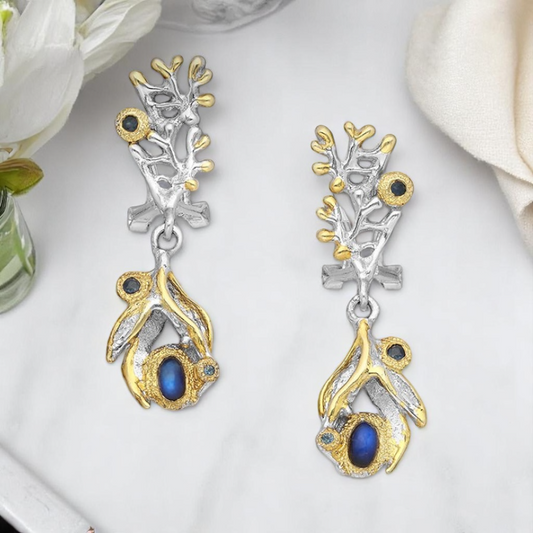 Silver earrings, gold plated, sapphires 