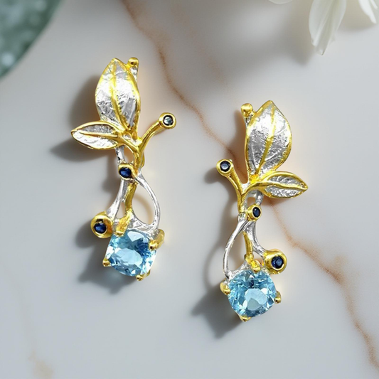Luxury earrings, female, topaz, silver, gold plated 