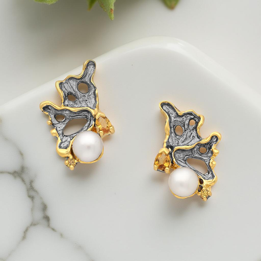 Luxury earrings, female, pearl, silver, gold plated, White Rhodium
