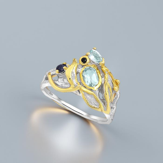 Silver ring, gold plated, topaz, sapphire, jewelry, old money 