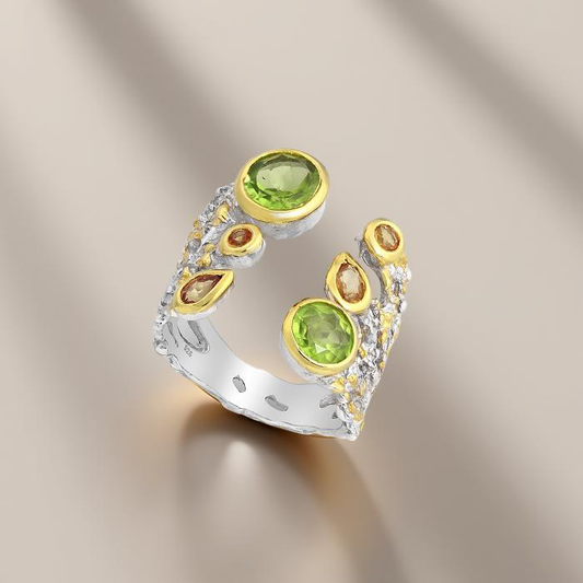 Silver ring, luxury, gold plated, peridot, orange sapphire 