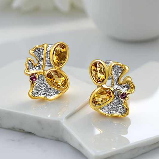 Silver earrings, gold plated, citrine, luxury 