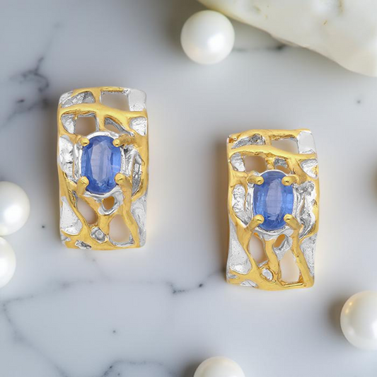 Silver earrings, gold plated, sapphire, luxury 