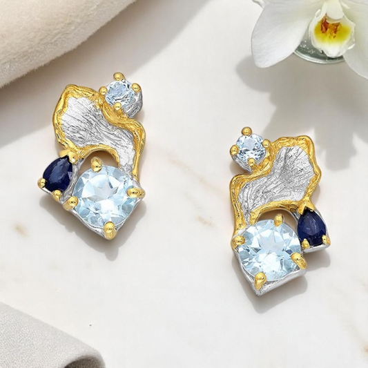Silver earrings, topaz, sapphire, luxury 