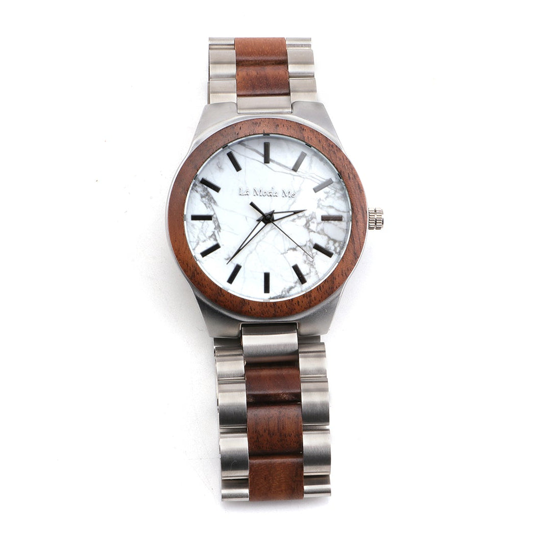 Men’s wooden wristwatch with a white marble-textured dial, Roman numeral markers, and a two-tone strap made of silver-toned stainless steel and dark wood. The watch face is branded with “La Moda Me”.