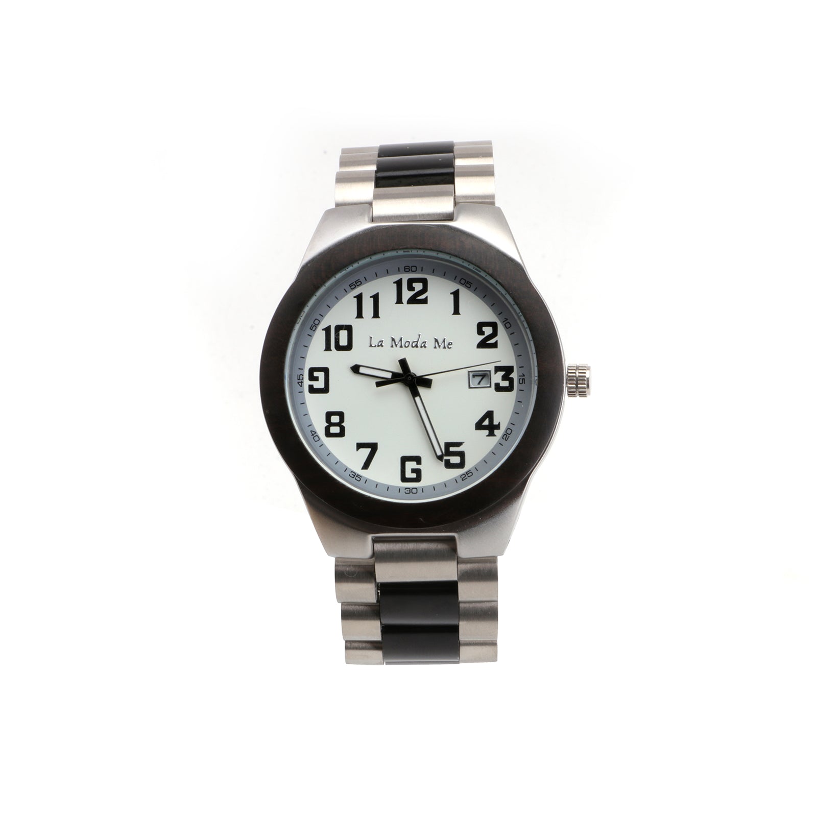 Wristwatch with a white dial featuring bold black numerals, silver casing, and a two-tone black and silver metal link strap. The dial displays the “La Moda Me” logo.