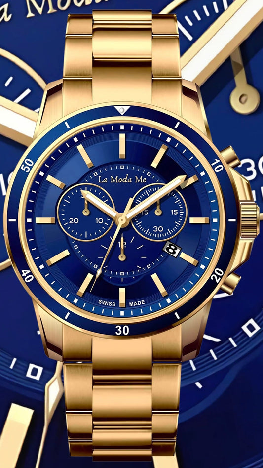 La Moda Me Chronograph Watch – Bleu-G Edition (Gold &amp; Royal Blue)

Precision dressed in blue elegance.

The La Moda Me Chronograph – Bleu-G Edition captures the essence of modern luxury in a striking new hue. Set in a polished gold-tone stainless steel case, its radiant royal blue dial brings a refreshing depth and vibrancy to the classic chronograph silhouette. With golden accents illuminating the subdials and markers, this timepiece radiates confidence and clarity — whether in motion or on display.